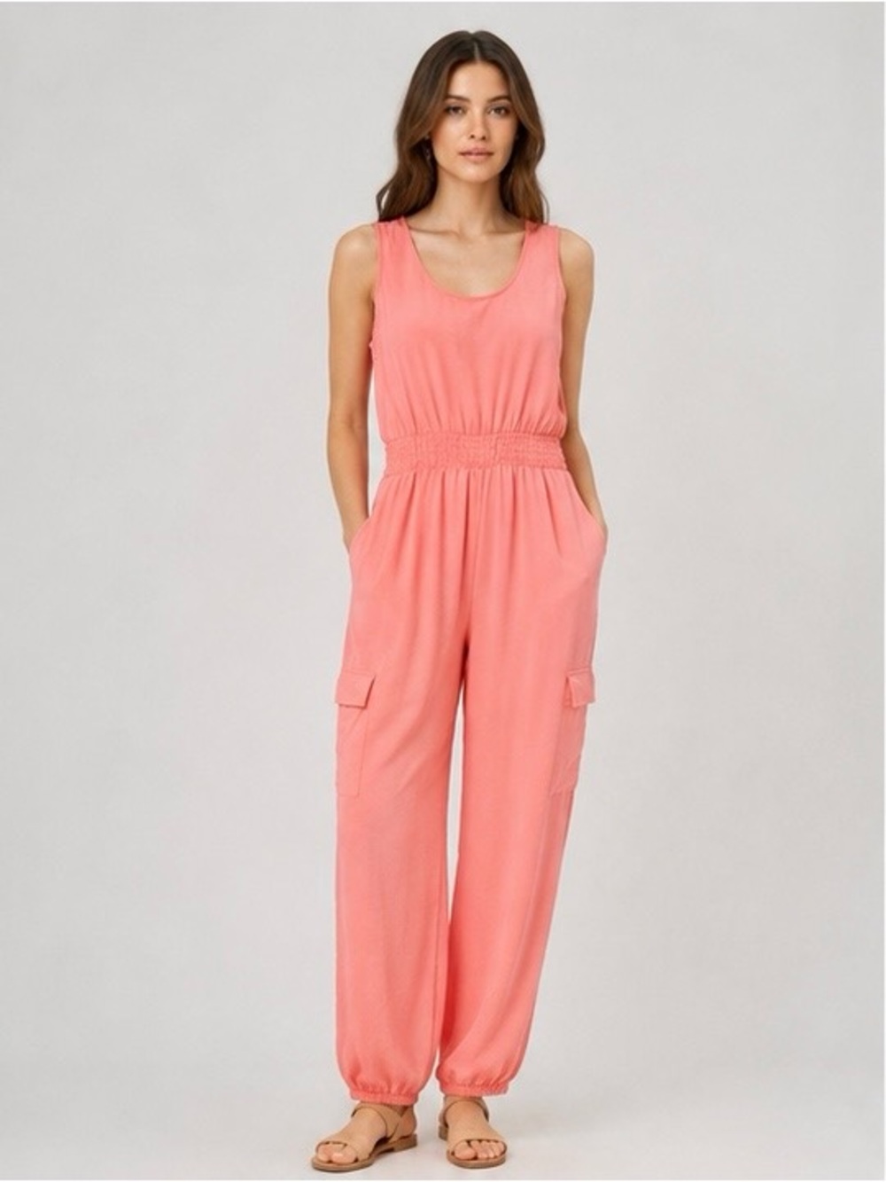 Discreet NYC Coral Cargo Jogger Jumpsuit Smocked Waist M NWT